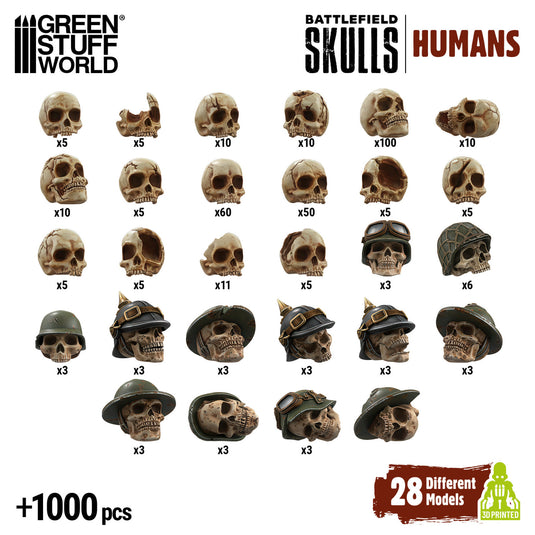 Green Stuff World 1000x Battlefield Resin Skulls 1:48 - 1:35 Wargaming and Modeling - Cobbco