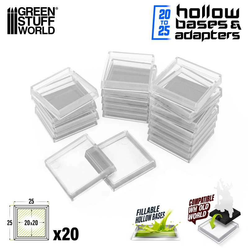Load image into Gallery viewer, Green Stuff World 25mm Square Plastic Base Hollow - Clear - 20mm to 25mm Adapters 11431
