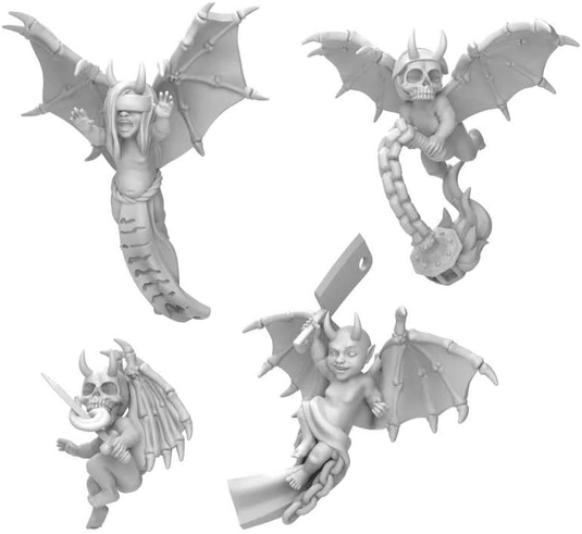 Green Stuff World Evil Imp Cherubs Miniatures for 40K, 3D Printed Resin Bits, Set of 4 Demonic with Weapons 12347 - Cobbco