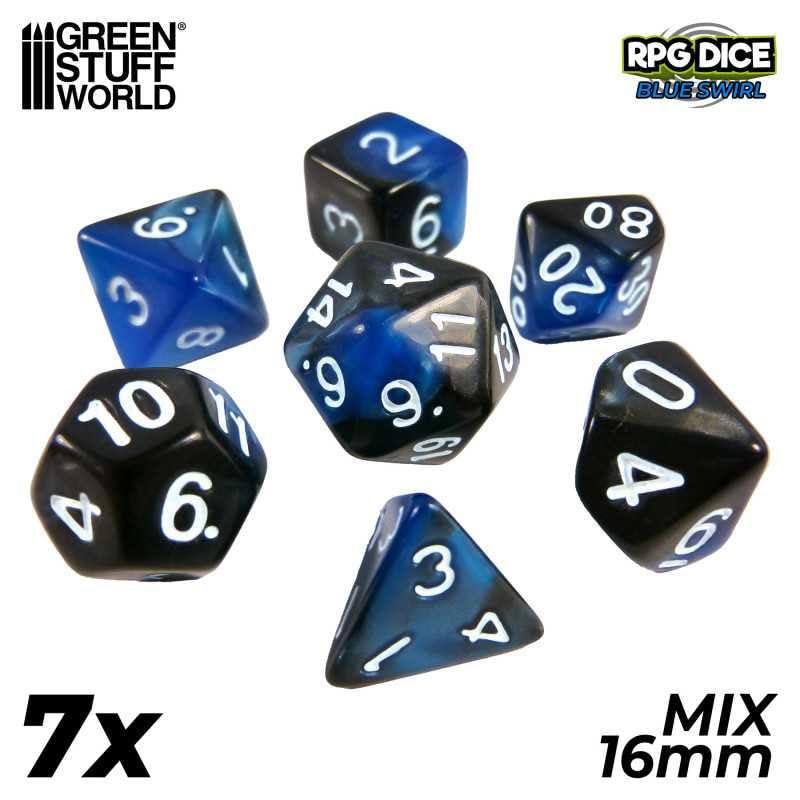 Load image into Gallery viewer, Green Stuff World 7 Piece 16mm Dice Set- Blue Swirl Mix RPG 16mm Marmol Blue 2683
