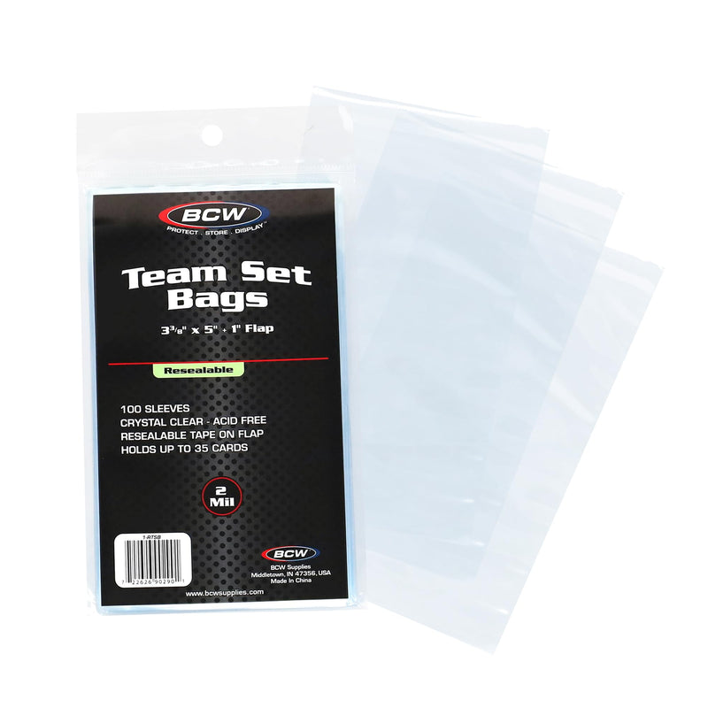 Load image into Gallery viewer, BCW Resealable Team Set Bags - 100 ct | Archival Quality Polypropylene | Holds 35 Standard Cards | Toploader and Magnetic Holder Compatible | Acid-Free Sealing Solution for Trading Card Collections
