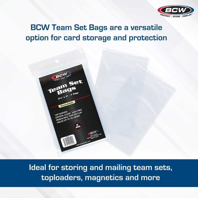 Load image into Gallery viewer, BCW Resealable Team Set Bags - 100 ct | Archival Quality Polypropylene | Holds 35 Standard Cards | Toploader and Magnetic Holder Compatible | Acid-Free Sealing Solution for Trading Card Collections
