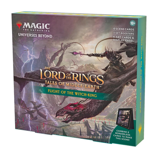 Magic The Gathering The Lord of The Rings: Tales of Middle - Earth Scene Box - Flight of The Witch - King (6 Scene Cards, 6 Art Cards, 3 Set Boosters + Display Easel) - Cobbco