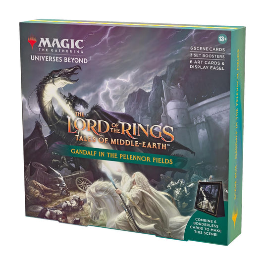 Magic The Gathering The Lord of The Rings: Tales of Middle - Earth Scene Box - Gandalf in Pelennor Fields (6 Scene Cards, 6 Art Cards, 3 Set Boosters + Display Easel) - Cobbco