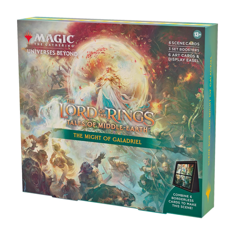 Load image into Gallery viewer, Magic The Gathering The Lord of The Rings: Tales of Middle - Earth Scene Box - The Might of Galadriel (6 Scene Cards, 6 Art Cards, 3 Set Boosters + Display Easel) - Cobbco
