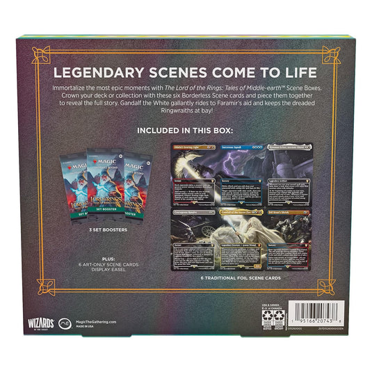Magic The Gathering The Lord of The Rings: Tales of Middle - Earth Scene Box - Gandalf in Pelennor Fields (6 Scene Cards, 6 Art Cards, 3 Set Boosters + Display Easel) - Cobbco