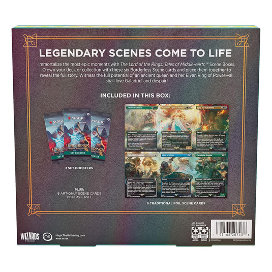 Magic The Gathering The Lord of The Rings: Tales of Middle - Earth Scene Box - The Might of Galadriel (6 Scene Cards, 6 Art Cards, 3 Set Boosters + Display Easel) - Cobbco