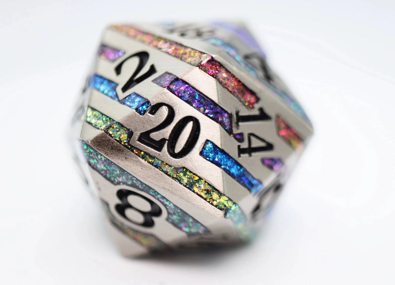 Load image into Gallery viewer, Foam Brain Games 35MM Metal D20 - Silver with Rainbow Mica FBG5110 - Cobbco
