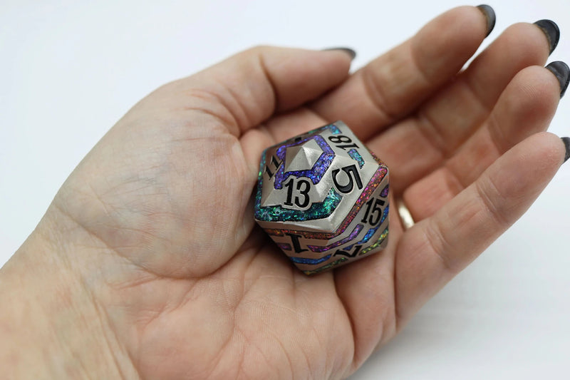 Load image into Gallery viewer, Foam Brain Games 35MM Metal D20 - Silver with Rainbow Mica FBG5110 - Cobbco
