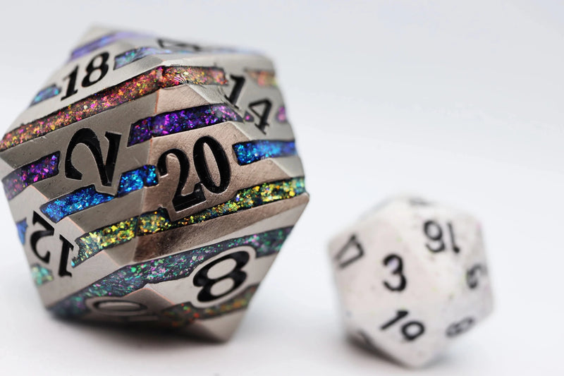 Load image into Gallery viewer, Foam Brain Games 35MM Metal D20 - Silver with Rainbow Mica FBG5110 - Cobbco
