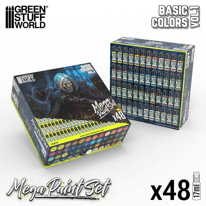 Load image into Gallery viewer, Green Stuff World Ultimate Basic Mega Starter Paint Set - Vol. 1.0 - 48 Essential Acrylic Paints for Modeling, Wargaming, and other Hobbies - 12259 - Cobbco
