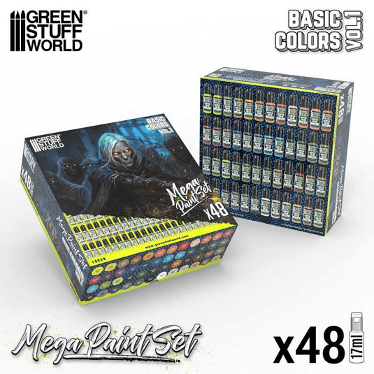 Green Stuff World Ultimate Basic Mega Starter Paint Set - Vol. 1.0 - 48 Essential Acrylic Paints for Modeling, Wargaming, and other Hobbies - 12259 - Cobbco