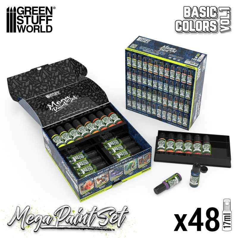 Load image into Gallery viewer, Green Stuff World Ultimate Basic Mega Starter Paint Set - Vol. 1.0 - 48 Essential Acrylic Paints for Modeling, Wargaming, and other Hobbies - 12259 - Cobbco

