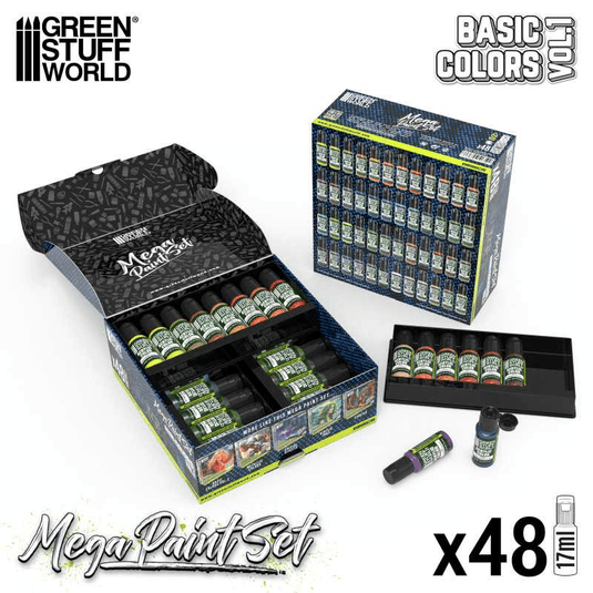 Green Stuff World Ultimate Basic Mega Starter Paint Set - Vol. 1.0 - 48 Essential Acrylic Paints for Modeling, Wargaming, and other Hobbies - 12259 - Cobbco