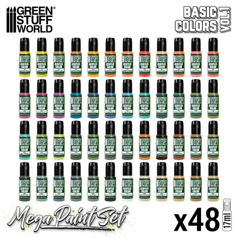 Load image into Gallery viewer, Green Stuff World Ultimate Basic Mega Starter Paint Set - Vol. 1.0 - 48 Essential Acrylic Paints for Modeling, Wargaming, and other Hobbies - 12259 - Cobbco
