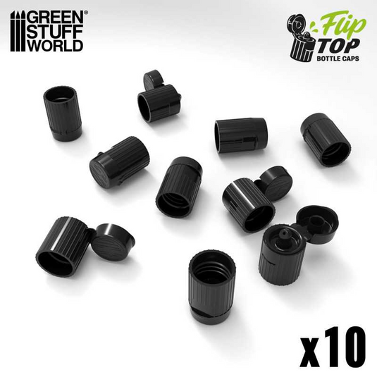 Green Stuff World Flip-Top Dropper Bottle Caps, 15mm Standard Size, Quick-Open Design for Hobby Paints, 10 Pack - 5543