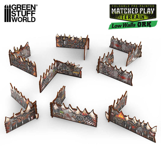 Green Stuff World Matched Play Pre - painted Ork Low Walls (Pack x8) - Wargaming - Cobbco