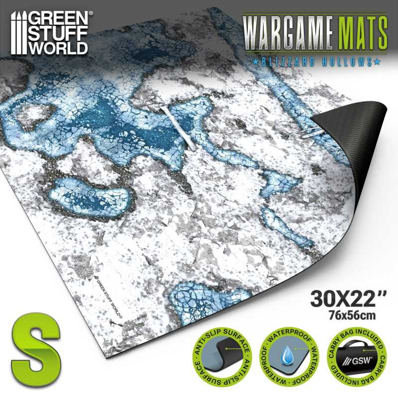 Load image into Gallery viewer, Green Stuff World Wargame Mat, Blizzard Hollows (56x76cm), Neoprene Battle Surface, Anti-Slip Backing, 30x22 Inch, with Carrying Bag - 5865

