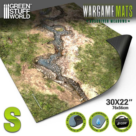 Green Stuff World Wargame Mat, Duskriver Meadows, Neoprene Battle Surface, Anti-Slip Backing, 30x22 Inch, with Carrying Bag - 5863