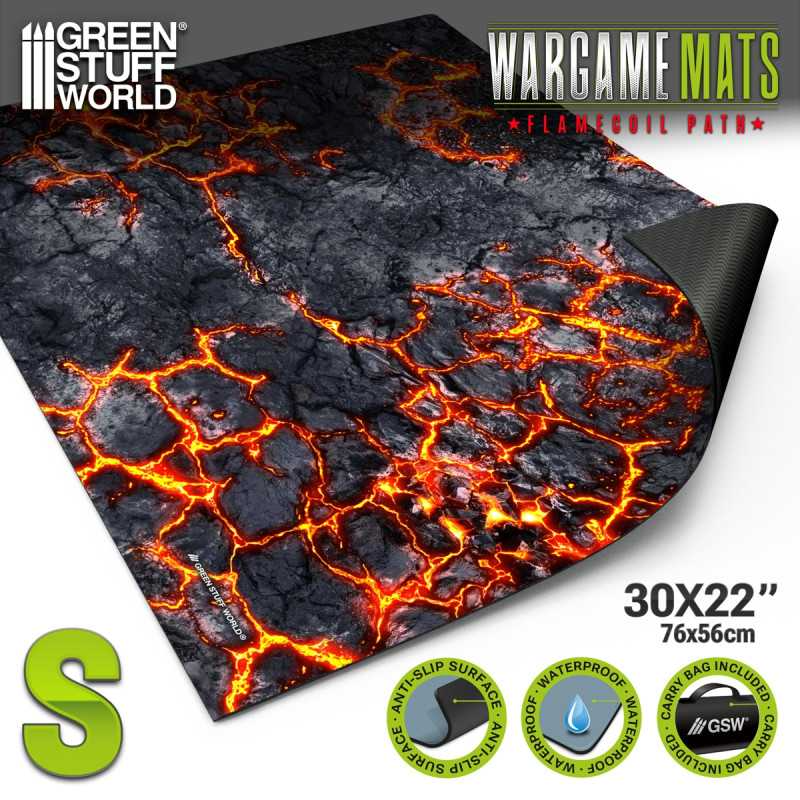 Load image into Gallery viewer, Green Stuff World Wargame Mat, Flamecoil Path, Neoprene Battle Surface, Anti-Slip Backing, 30x22 Inch, with Carrying Bag - 5861
