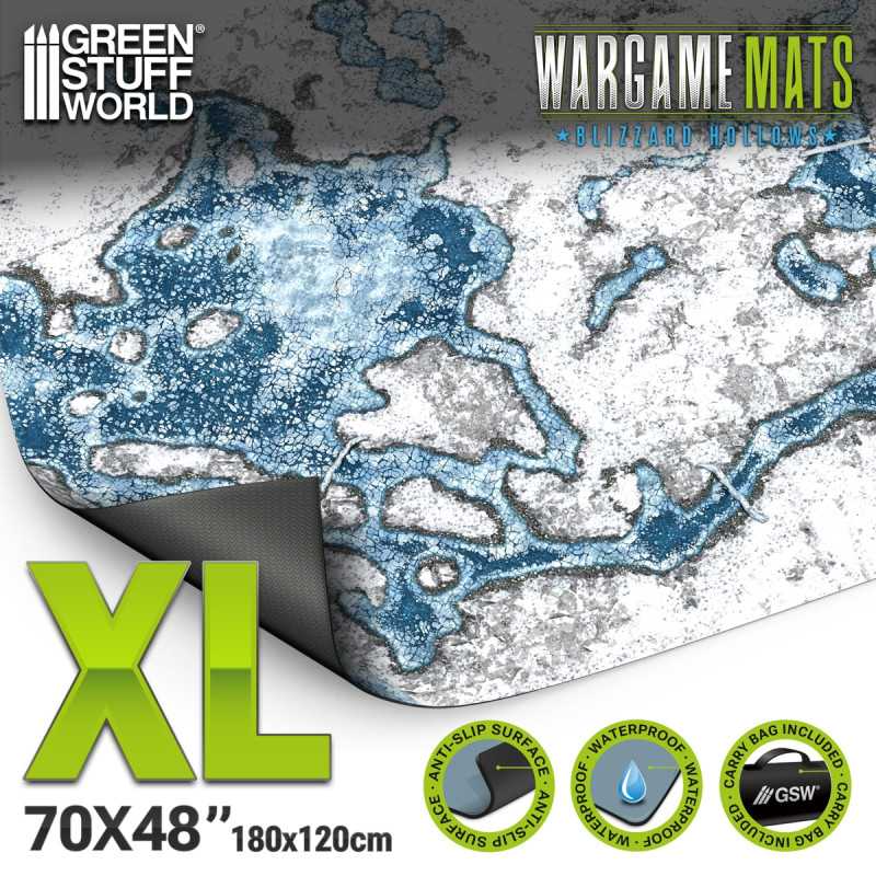Load image into Gallery viewer, Green Stuff World Wargame Mat, Blizzard Hollows, Neoprene Battle Surface, Anti-Slip Backing, 48x70 Inch, with Carrying Bag - 6346
