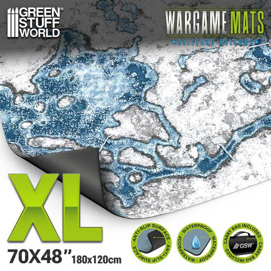 Green Stuff World Wargame Mat, Blizzard Hollows, Neoprene Battle Surface, Anti-Slip Backing, 48x70 Inch, with Carrying Bag - 6346