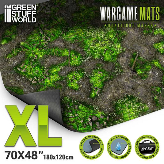 Green Stuff World Wargame Mat, Boneblight Marsh, Neoprene Battle Surface, Anti-Slip Backing, 48x70 Inch, with Carrying Bag - 6347