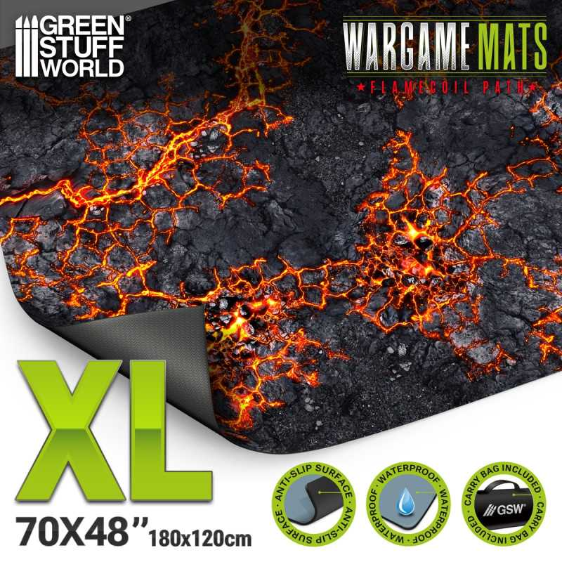 Load image into Gallery viewer, Green Stuff World Wargame Mat, Flamecoil Path, Neoprene Battle Surface, Anti-Slip Backing, 48x70 Inch, with Carrying Bag - 6342
