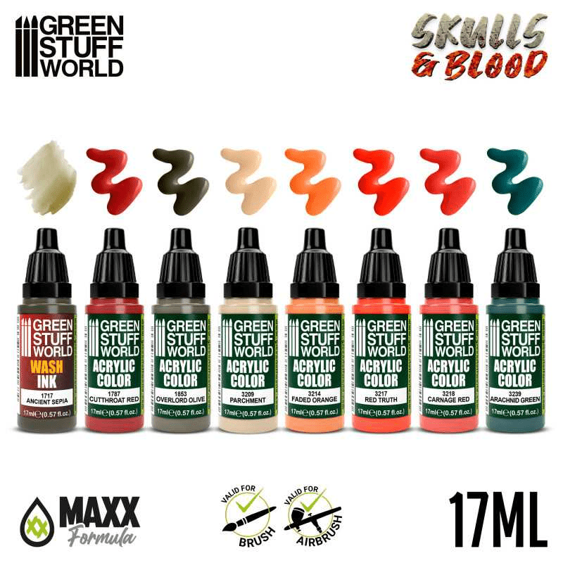 Load image into Gallery viewer, Green Stuff World Maxx Formula Acrylic Paint Set, Skulls &amp; Blood, 8 Colors, 17ml Dropper Bottles 12064 - Cobbco
