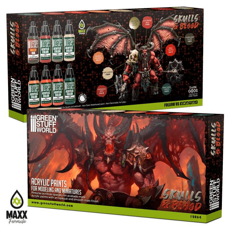 Load image into Gallery viewer, Green Stuff World Maxx Formula Acrylic Paint Set, Skulls &amp; Blood, 8 Colors, 17ml Dropper Bottles 12064 - Cobbco
