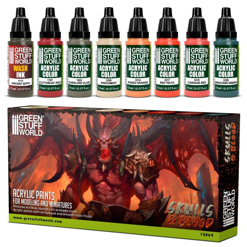 Load image into Gallery viewer, Green Stuff World Maxx Formula Acrylic Paint Set, Skulls &amp; Blood, 8 Colors, 17ml Dropper Bottles 12064 - Cobbco
