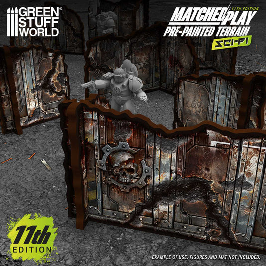 Green Stuff World Pre-painted Detachable Ruined Corner Walls 11th edition (Pack x8) Grimdark Industrial - Cobbco