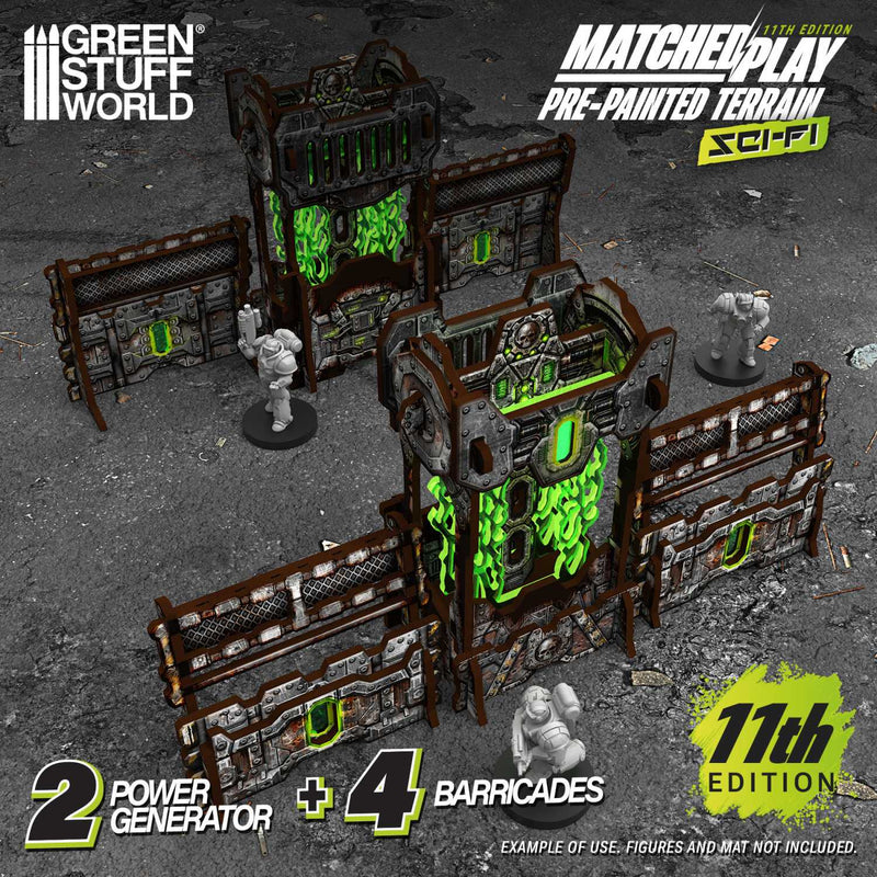 Load image into Gallery viewer, Green Stuff World Pre-painted Power Generator and Defensive Barricades 11th edition Grimdark Industrial - Cobbco
