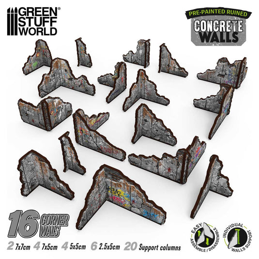 Green Stuff World Pre - painted ruined concrete walls - Terrain - Wargaming - Cobbco