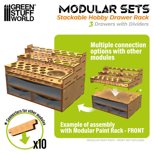 Green Stuff World Stackable Hobby Drawer Rack with 3 horizontal drawers and dividers - Cobbco