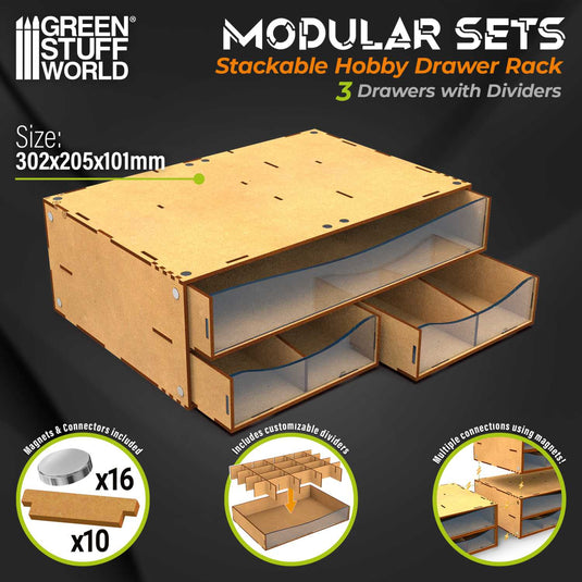 Green Stuff World Stackable Hobby Drawer Rack with 3 horizontal drawers and dividers - Cobbco