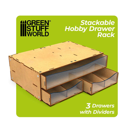 Green Stuff World Stackable Hobby Drawer Rack with 3 horizontal drawers and dividers - Cobbco