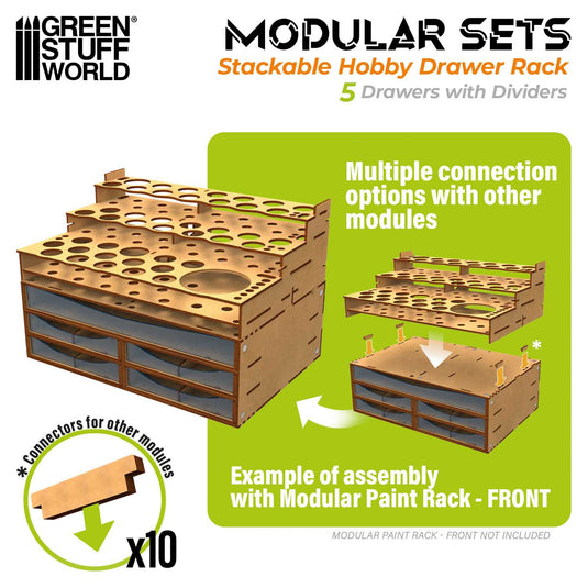 Green Stuff World Stackable Hobby Drawer Rack with 5 horizontal drawers and dividers - Cobbco