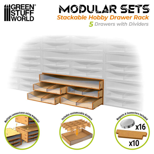 Green Stuff World Stackable Hobby Drawer Rack with 5 horizontal drawers and dividers - Cobbco