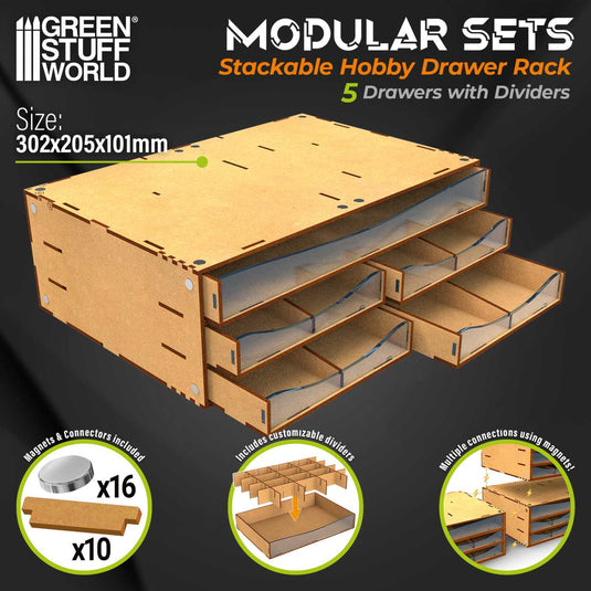 Green Stuff World Stackable Hobby Drawer Rack with 5 horizontal drawers and dividers - Cobbco