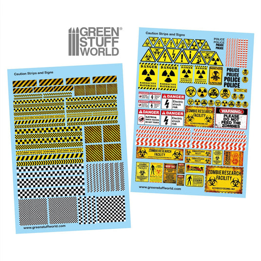 Green Stuff World Waterslide Decals - Caution Strips and Signs - Wargaming - Cobbco