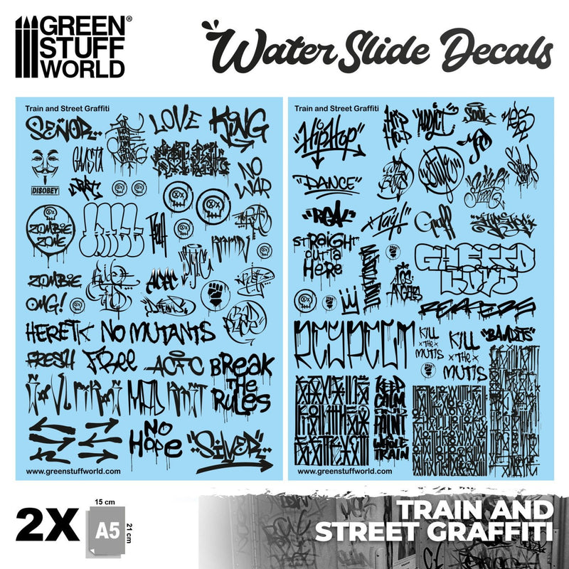 Load image into Gallery viewer, Green Stuff World Waterslide Decals - Train and Graffiti Mix - Black - Wargaming - Cobbco
