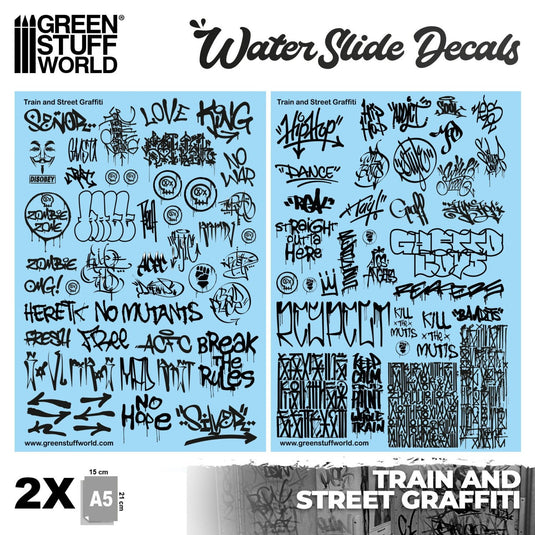 Green Stuff World Waterslide Decals - Train and Graffiti Mix - Black - Wargaming - Cobbco