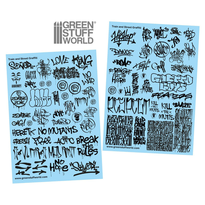 Load image into Gallery viewer, Green Stuff World Waterslide Decals - Train and Graffiti Mix - Black - Wargaming - Cobbco
