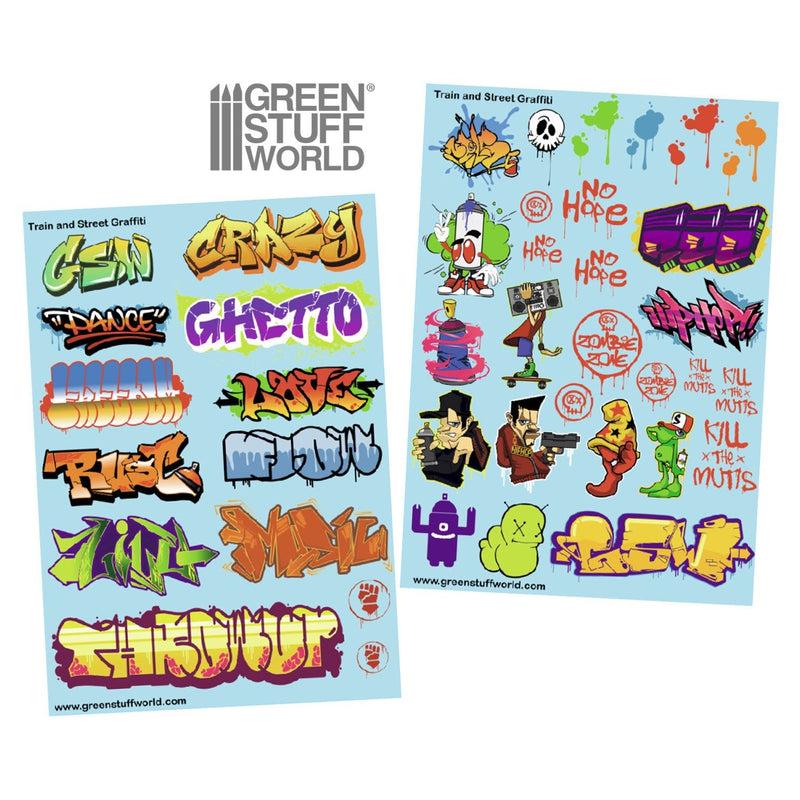 Load image into Gallery viewer, Green Stuff World Waterslide Decals - Train and Graffiti Mix - Wargaming and Modeling - Cobbco

