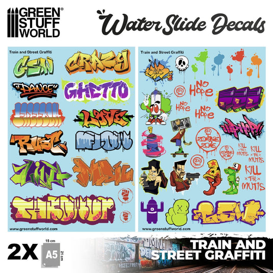 Green Stuff World Waterslide Decals - Train and Graffiti Mix - Wargaming and Modeling - Cobbco