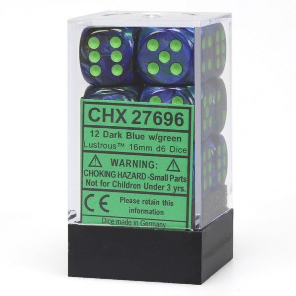 Load image into Gallery viewer, 6 Sided Dice - 12 D6 Set Ludtrous Dark Blue w/ Green Numbers Chessex CHX27696
