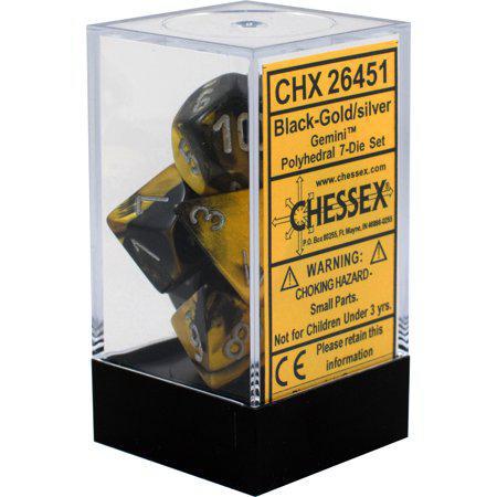 Load image into Gallery viewer, Polyhedral 7-Die Set Gemini Black Gold w/ Silver Numbers Chessex CHX26451
