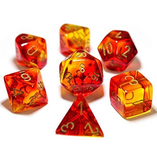 Red and Yellow Gemini Dice with Gold Numbers 16mm (5/8in) Set of 7 Chessex