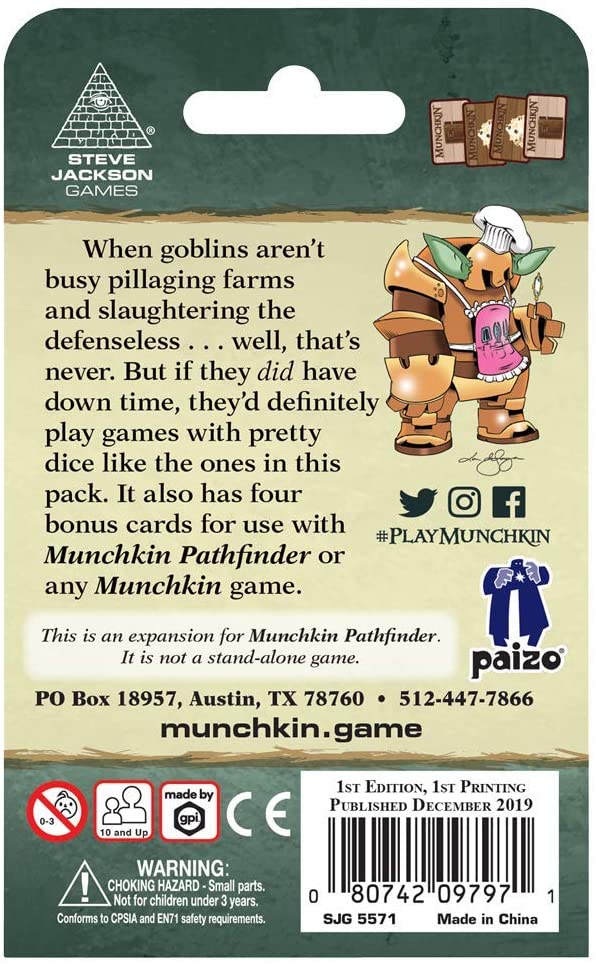 Load image into Gallery viewer, Munchkin Pathfinder Goblin Dice - 6 Dice and 4 Cards for Munchkin Pathfinder
